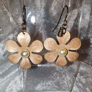 Vintage Roman Coral Floral Enamel Earrings with Pearl Accent